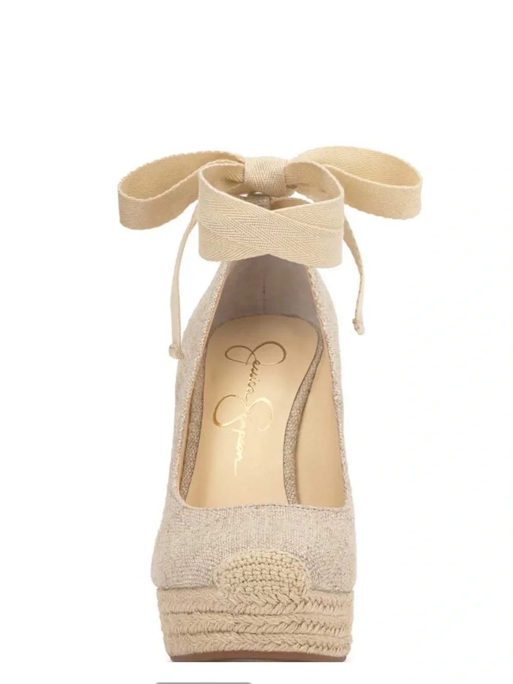 Tan linen beige lace tie up closed toe wedges